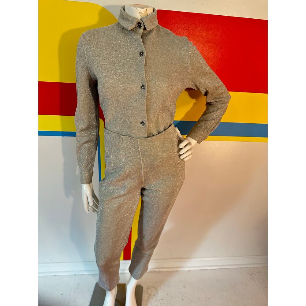 1960s 60s Vintage Rudi Gernreich silver lurex pant suit 2 piece set blouse top